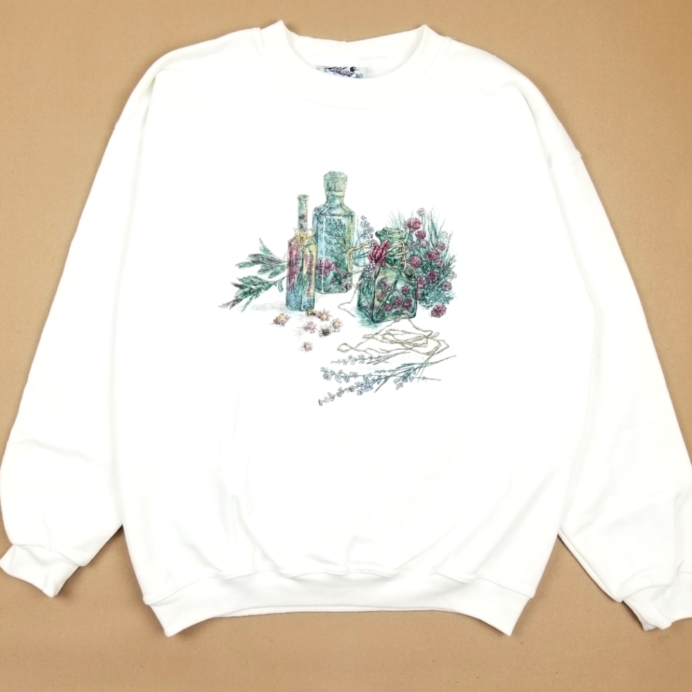 VTG 90's 00's Made in USA Cute Florals Prints White Crewneck Sweatshirt